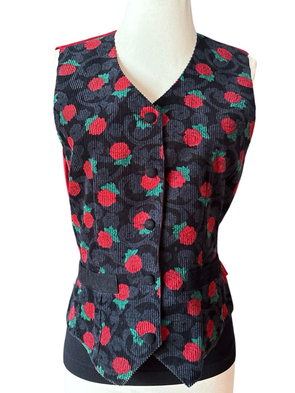 Vintage Floral Button-Front Vest in Black and Red Corduroy